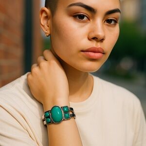 Beautiful silver cuff bracelet with jade color stones ! New